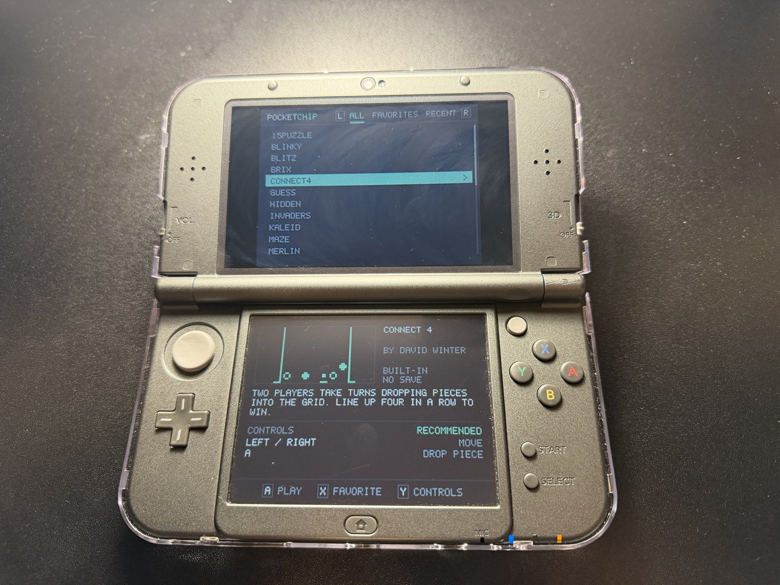 A 3DS showing the PocketCHIP game browser with Connect 4 selected