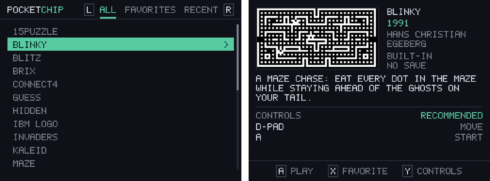 The game browser with Blinky selected and a live preview of the game
