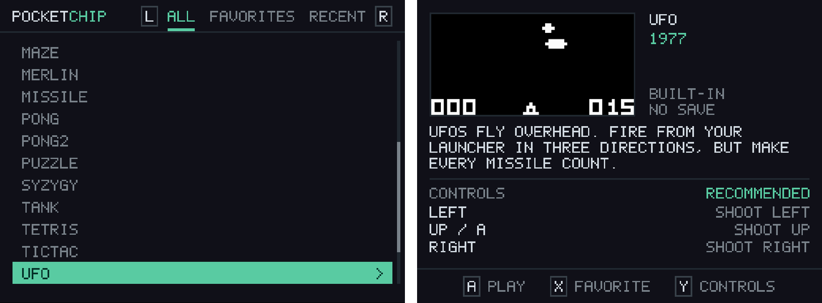 The game browser with UFO selected, showing its recommended controls