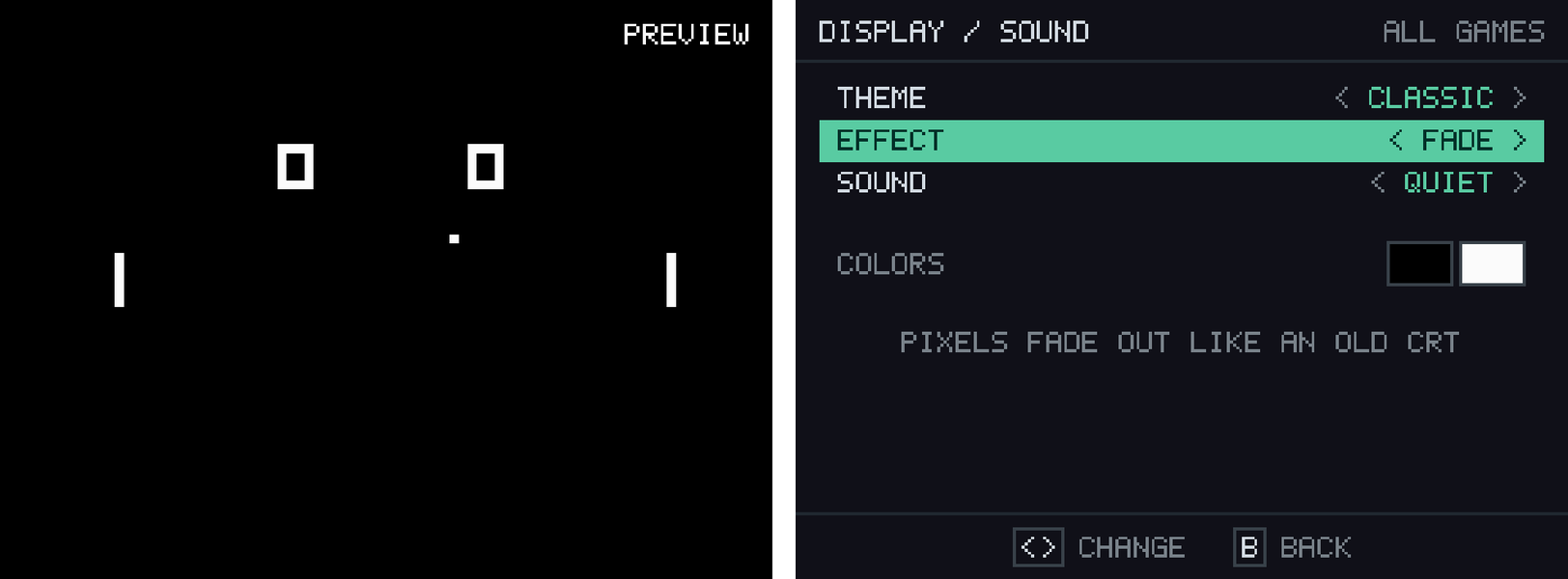 Pong running above the display settings, with the Fade effect selected