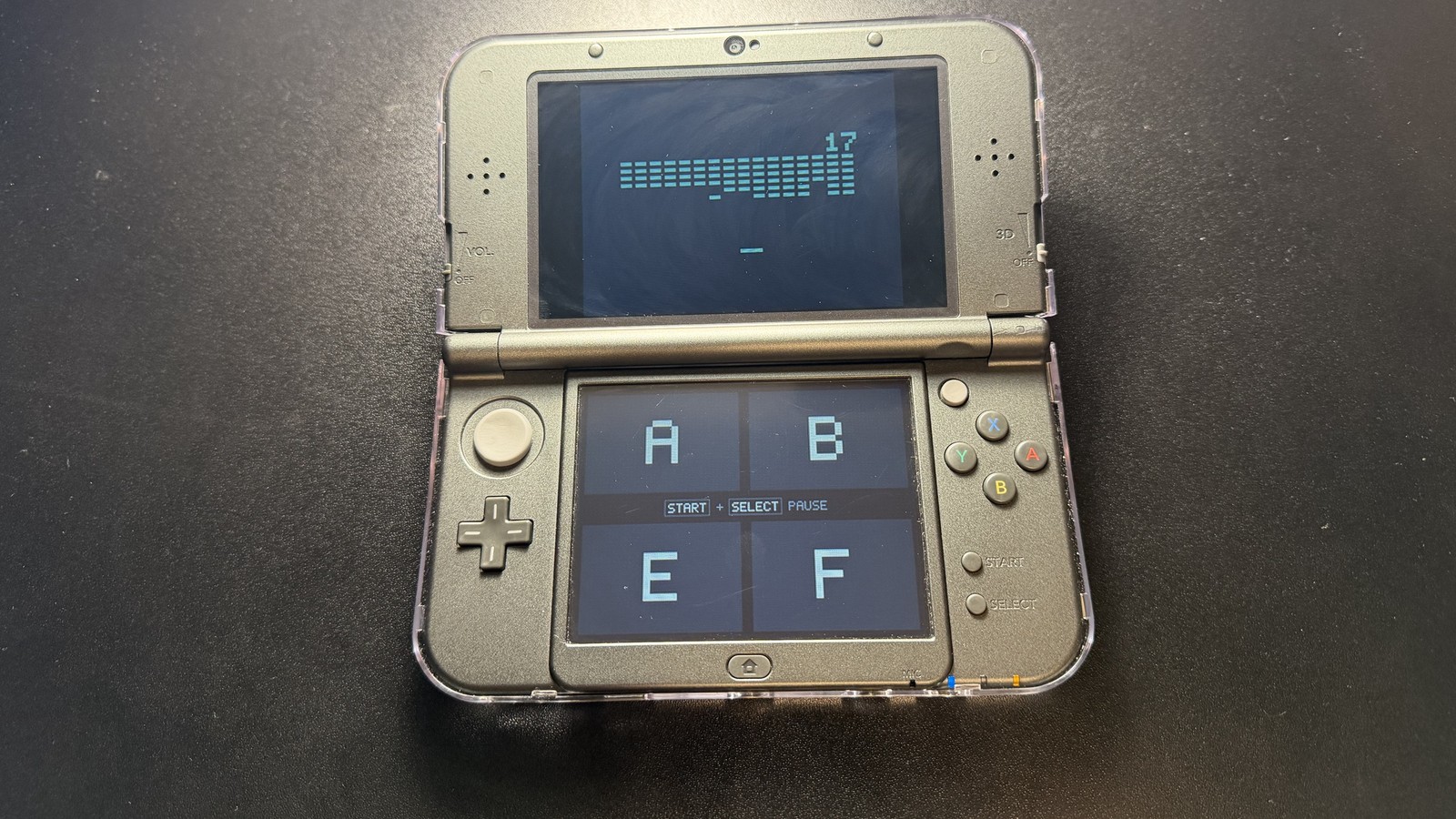 PocketCHIP running Brix on a 3DS, with touch keys on the bottom screen