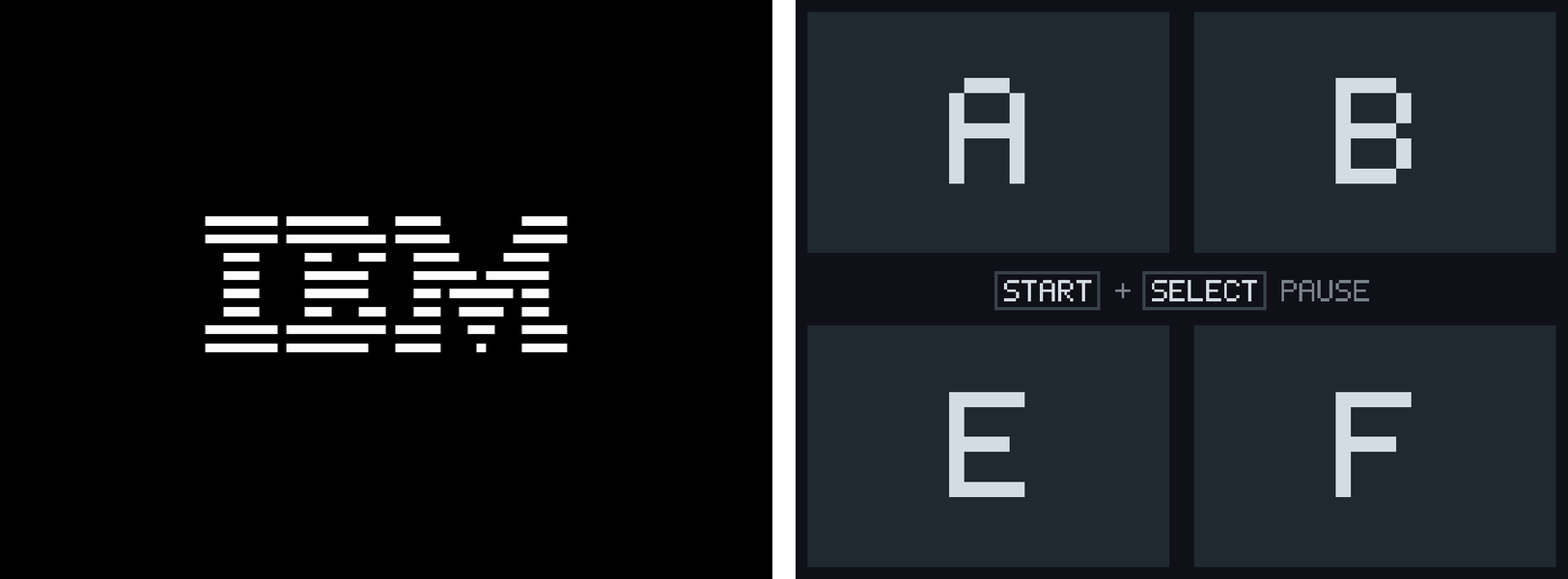 The IBM logo drawn correctly, with the A, B, E and F touch keys on the bottom screen