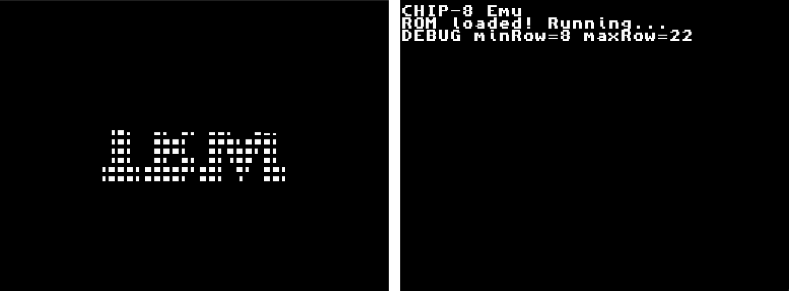 The first IBM logo test, drawn with missing rows, next to the debug text on the bottom screen