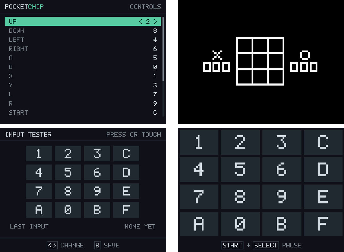 The controls list and input tester, next to Tic-Tac-Toe with its full 16-key keypad